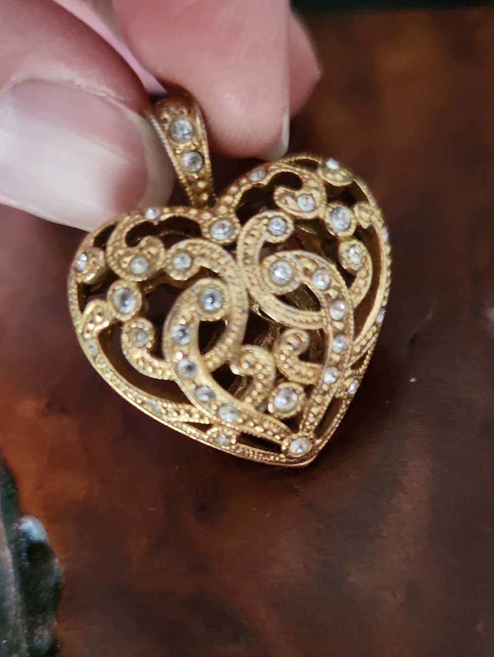 Gold Filigree Heart Pendant Necklace with Crystal Accents